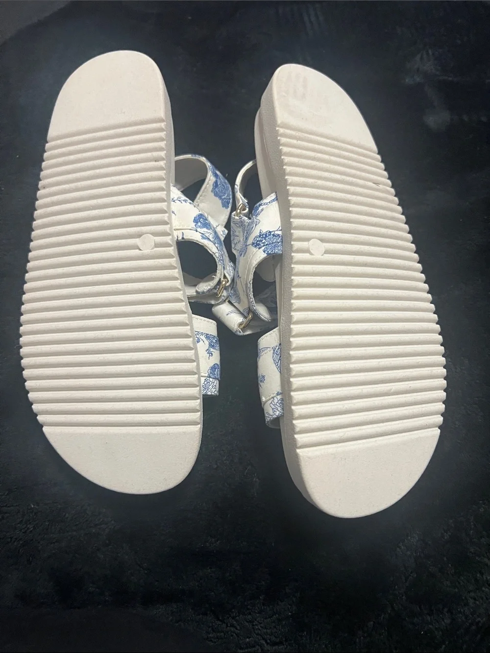 Steve Madden Women White Sandals with Blue Floral Straps and Gold Hardware